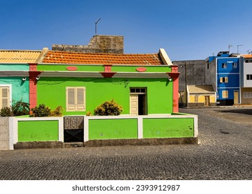 Bright green house in the center of Porto Novo, Cape Verde
