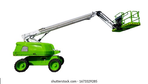 Bright Green Lifting Platform Or Cherry Picker, With Arm Partly Extended, Seen From The Side. Isolated On A White Background