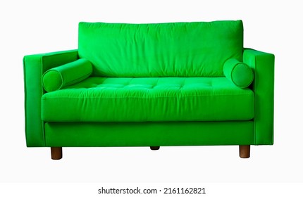 Bright Green Sofa With Rollers On Wooden Legs Isolated On White. Apple Green Couch Isolated