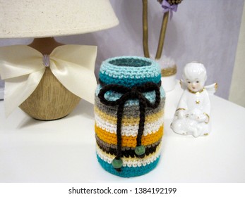 Bright Handmade Pencil Holder Made Of Bright Threads                      