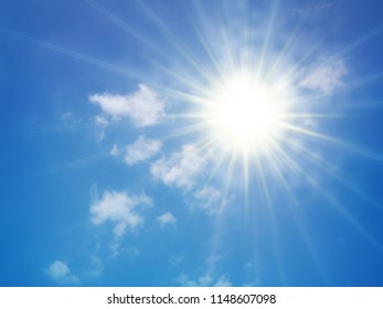 Bright Hot Sun On A Blue Summer Sky With Small Clouds