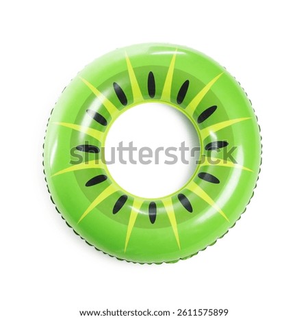 Bright inflatable ring with kiwi pattern on white background, top view