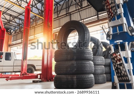 Bright interior of a car workshop showcasing a stack of black tires and mechanical lifts, ready for vehicle maintenance and repair services in a professional environment.