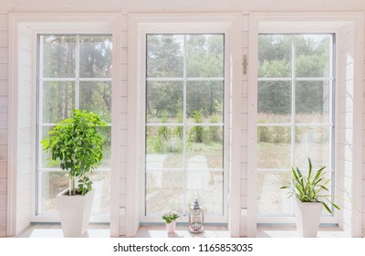 Bright Interior Of The Room In A Wooden House With A Large Window Overlooking The Summer Courtyard. Summer Landscape In White Window. Home And Garden Concept. House Plant Sansevieria