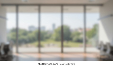 Bright interior space features expansive floor to ceiling glass overlooking lush urban greenery and distant structures
