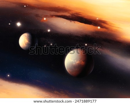 Bright interstellar nebulae in space. Planets near cosmic dust. Distant Earth-like worlds against a background of stars.