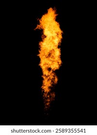 Bright isolated flame column, fire tongue goes from flamethrower 