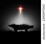 A bright and large star shines brightly, blessing baby Jesus in the manger in the stable, a background that celebrates Christmas and the birth of Jesus and his death on the cross.
