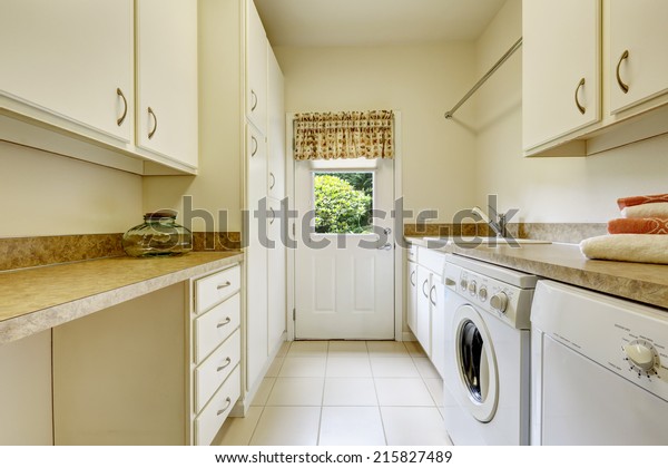 Bright Laundry Room White Cabinets Appliances Stock Photo Edit