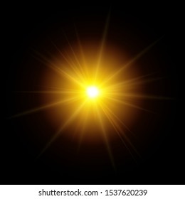 Bright Light Glare Of Sunshine And Sun Rays Shining. Isolated Yellow Star Spotlight Flash Beam Overlay Effect