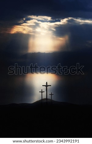 Bright light shining through clouds, dramatic and majestic sky, hill of Golgotha during Passion Week, cross silhouette symbolizing the passion of Jesus Christ and death of Jesus, and Easter background