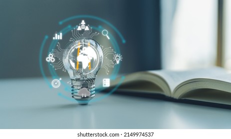 Bright lightbulb or glowing lap with textbook. Business success idea of learning, planning or working. Education concept of studying and knowledge cognition. Businessperson or student training skill - Shutterstock ID 2149974537