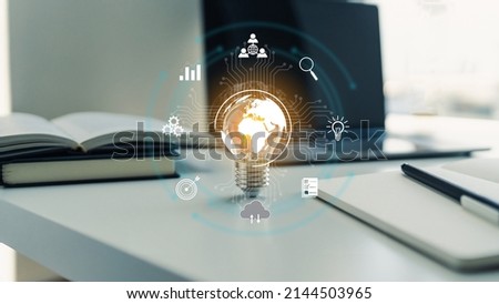 Bright lightbulb or glowing lap with textbook. Business success idea of learning, planning or working. Education concept of studying and knowledge cognition. Businessperson or student training skill