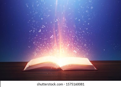 Bright lighting coming out of book with letters flying up. Knowledge is power read more.