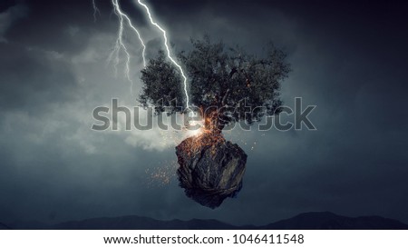 Bright lightning hit the tree