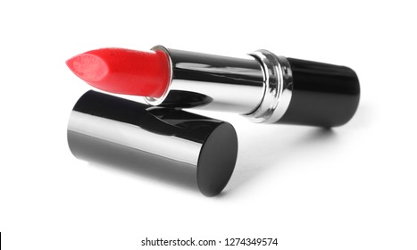 Bright Lipstick On White Background. Professional Makeup Product