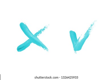 Bright liquid lipstick smear in the form of a check mark and cross isolated on a white background. Cosmetic product stroke. Yes sign for checkbox. Light blue color