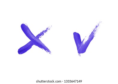 Bright liquid lipstick smear in the form of a check mark and cross isolated on a white background. Cosmetic product stroke. Yes sign for checkbox. Violet color