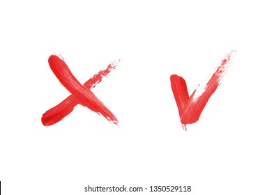 Bright liquid lipstick smear in the form of a check mark and cross isolated on a white background. Cosmetic product stroke. Yes sign for checkbox. Red color