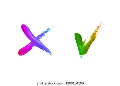 Bright liquid lipstick smear in the form of a check mark and cross isolated on a white background. Cosmetic product stroke. Yes sign for checkbox. Rainbow color