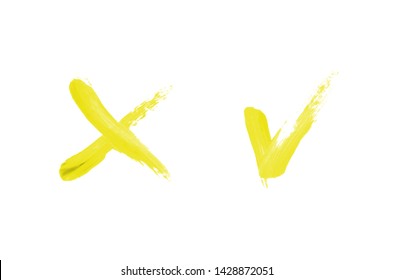 Bright liquid lipstick smear in the form of a check mark and cross isolated on a white background. Cosmetic product stroke. Yes sign for checkbox. Yellow color