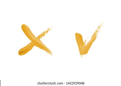 Bright liquid lipstick smear in the form of a check mark and cross isolated on a white background. Cosmetic product stroke. Yes sign for checkbox. Beige color
