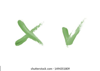 Bright liquid lipstick smear in the form of a check mark and cross isolated on a white background. Cosmetic product stroke. Yes sign for checkbox. Dark green color