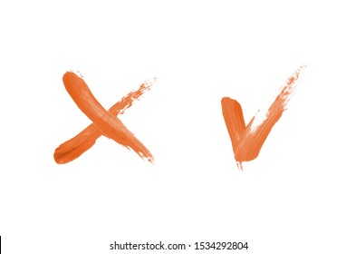 Bright liquid lipstick smear in the form of a check mark and cross isolated on a white background. Cosmetic product stroke. Yes sign for checkbox. Orange color