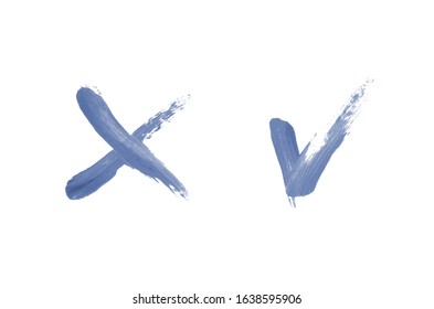 Bright liquid lipstick smear in the form of a check mark and cross isolated on a white background. Cosmetic product stroke. Yes sign for checkbox. Dark blue color