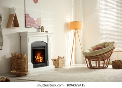 Bright living room interior with fireplace and papasan chair