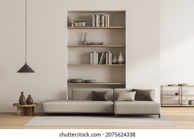 Bright living room interior with large sofa, bookshelves, coffee table, crockery, white wall, carpet and oak wooden floor. Concept of minimalist design. Comfortable place for meeting. 3d rendering