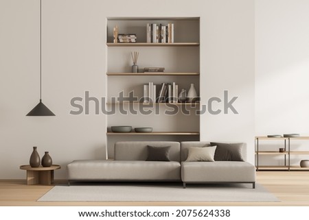Bright living room interior with large sofa, bookshelves, coffee table, crockery, white wall, carpet and oak wooden floor. Concept of minimalist design. Comfortable place for meeting. 3d rendering