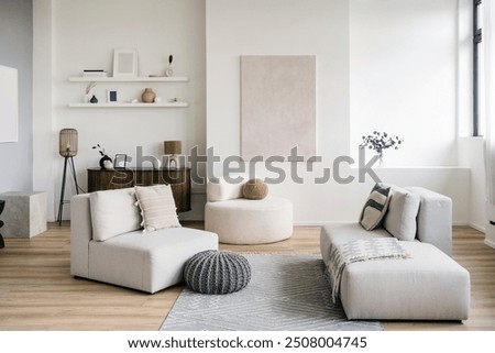 Similar – Image, Stock Photo Modern Bright Living Room In Scandinavian Stylish. Bright Black Sofa With White Pillows. Family Apartment. Idea For Home Design. Light Colors Of Design. Stylish Apartment Interior Of Modern Living Room In Family Flat