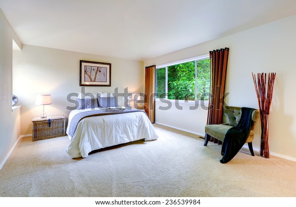 Bright Master Bedroom Interior Brown Curtains Stock Photo