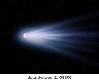 Bright Meteorite In The Night Sky. Comet Surrounded By Gas And Dust. Dangerous Space Object. Comet Tail, Astronomical Observations. 