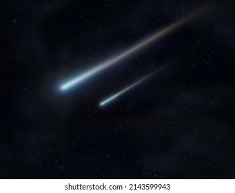 Bright meteors in the night sky. Shooting stars. A meteorites entered the Earth's atmosphere.  - Shutterstock ID 2143599943