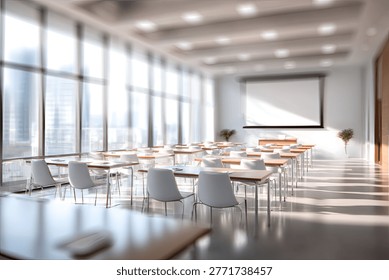 A bright and modern classroom interior featuring rows of desks, chairs, and a large projector screen, illuminated by abundant natural light streaming through expansive windows. - Powered by Shutterstock - Get 15% off with code: PIKWIZARD15