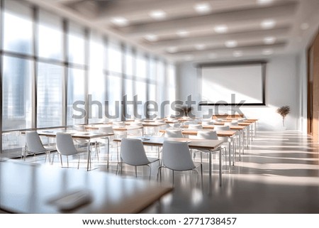 A bright and modern classroom interior featuring rows of desks, chairs, and a large projector screen, illuminated by abundant natural light streaming through expansive windows.