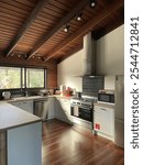 Bright, modern kitchen with wooden ceiling beams, stainless steel appliances, and natural light from large window. Warm tones and sleek design create a cozy, inviting atmosphere.