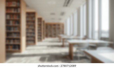 A bright, modern library interior features rows of tall wooden bookshelves and study tables bathed in natural light from large windows.