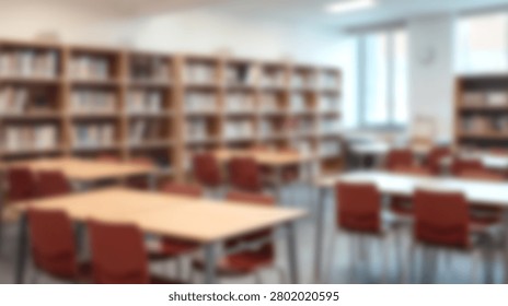 A bright and modern library interior featuring rows of bookshelves filled with books and tables with chairs for studying.