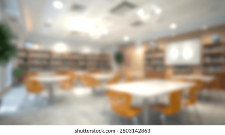 A bright and modern library interior featuring rows of bookshelves filled with books and several study tables with chairs.