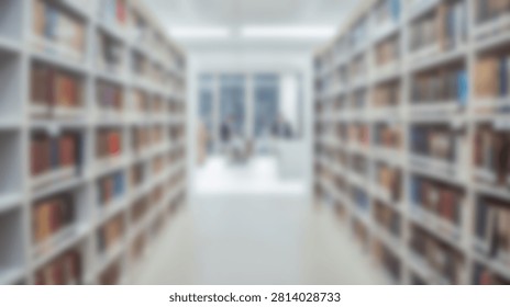A bright and modern library interior featuring long rows of white bookshelves filled with books, leading towards a large window with natural light.