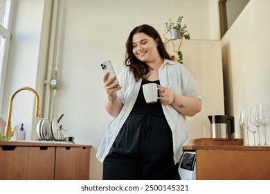 Bright morning at home with a plus size woman sipping coffee and checking her phone. - Powered by Shutterstock