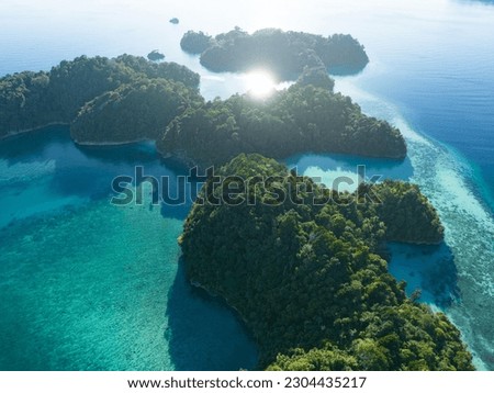 Bright morning light illuminates dramatic limestone islands that rise from West Papua's beautiful seascape. This remote part of Indonesia is known for its incredible marine biodiversity.