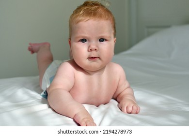 Bright Morning Portrait Of A Cute 4 Months Baby Lying Down On A Bed. Sweet Newborn Kid. Tummy Time
