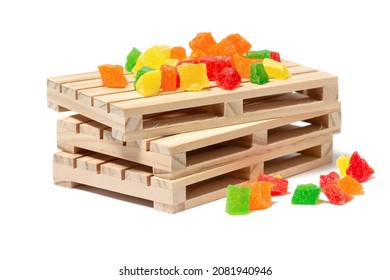 Bright Multi Colored Candied Fruits Lie On Small Wooden Pallets