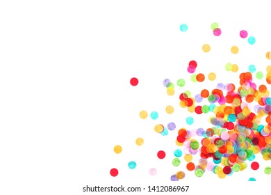 Bright Multicolored Confetti Isolated On A White Background. Festive Concept. Children's Party, Birthday, Wedding, Celebration. Top View. Copy Space.