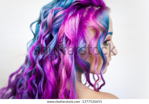 Bright Multicolored Hair Coloring Gradient Blue Stock Photo Edit