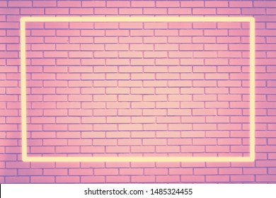 Bright Neon Pink Frame On A Brick Pink Wall As A Template For Design. Trendy Concept, Space For Text 